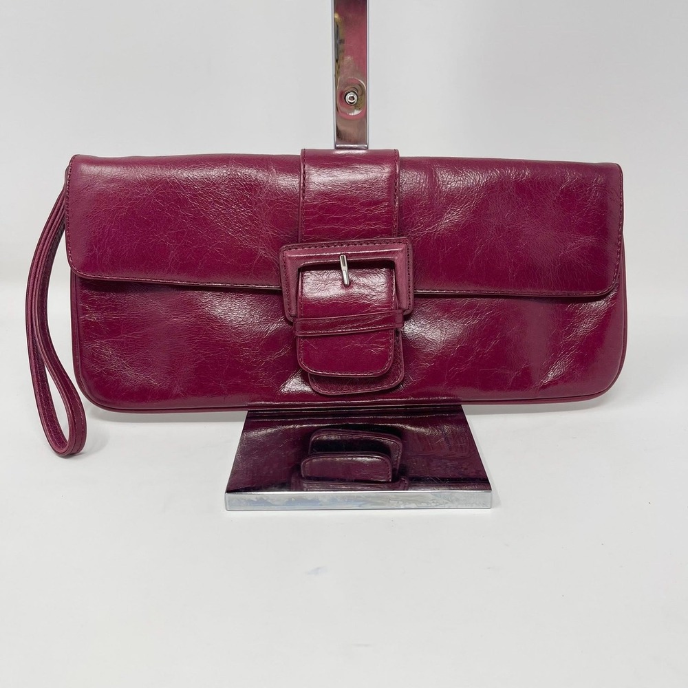 Hobo International Clutch Wristlet Dark Pink Glazed Leather Buckle Date Night